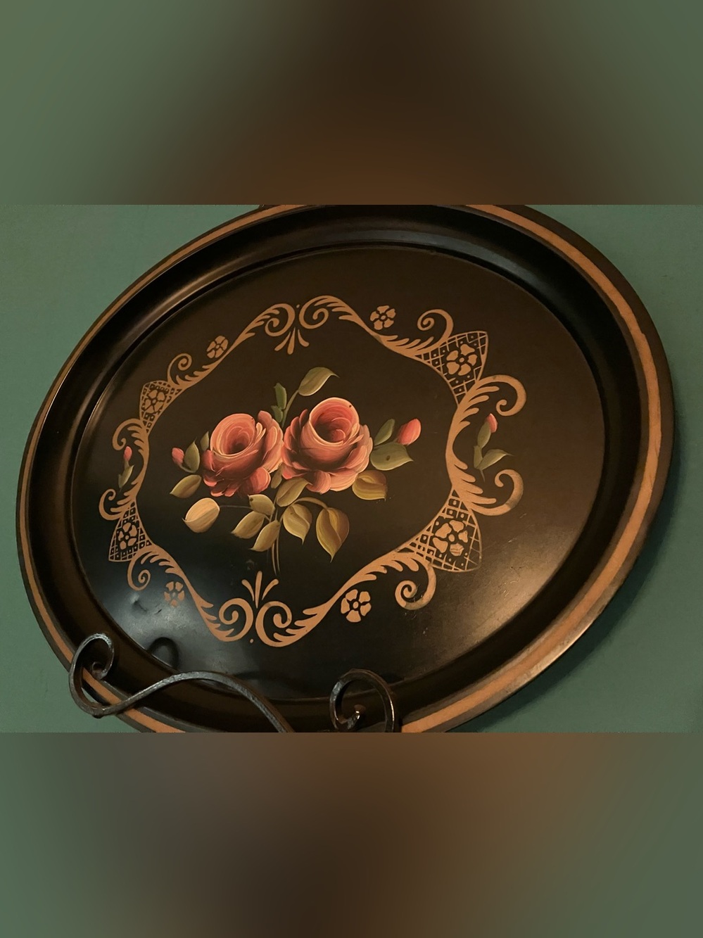17” Vintage Hand-Painted Floral Metal Tole Tray - Black Gold Pink Roses